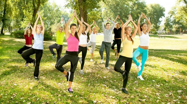 yoga group, tree position,